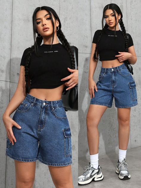 Women's Casual Denim Shorts Blue    Denim Plain Wide Leg Non-Stretch  Women Clothing, size features are:Bust: ,Length: ,Sleeve Length: Wide Leg Denim Shorts, Outfit Con Short, Baggy Jeans Outfit, Jean Short Outfits, Casual Denim Shorts, Bleu Azur, Estilo Denim, Mode Jeans, Casual Sporty