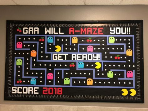 Pac-man board Playing Cards Bulletin Board, Pacman Bulletin Board, Pac Man Bulletin Board Ideas, Gaming Classroom Themes, Pac Man Bulletin Board, Game Bulletin Board Ideas, Pac Man Decorations, Welcome Back Board, Elementary Bulletin Boards