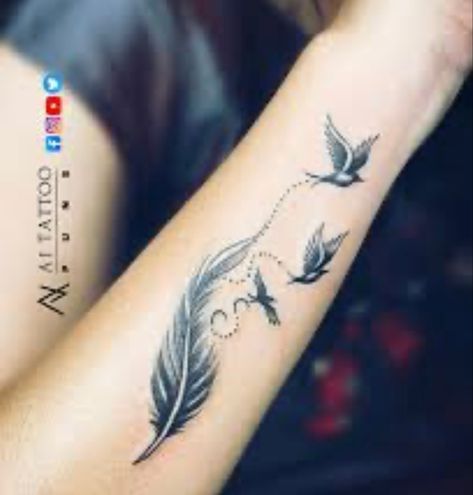 P Initial Tattoo, Feather Bird Tattoo, Aj Tattoo, Finger Tattoos Words, Feather With Birds Tattoo, Maching Tattoos, P Initial, Unique Wrist Tattoos, Unique Tattoos For Women