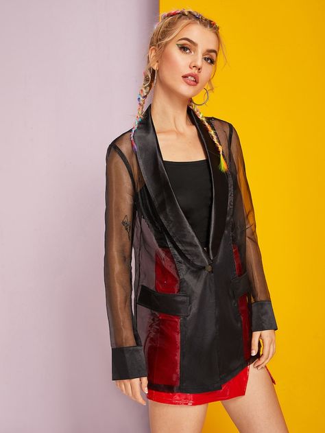 Shawl Collar Contrast Mesh Sheer Blazer | SHEIN Sheer Blazer, Women Blazers, Blazer Outfit, Long Blazer, Blazer Outfits, Shein Style, Blazer Dress, Sheer Fabrics, Shawl Collar