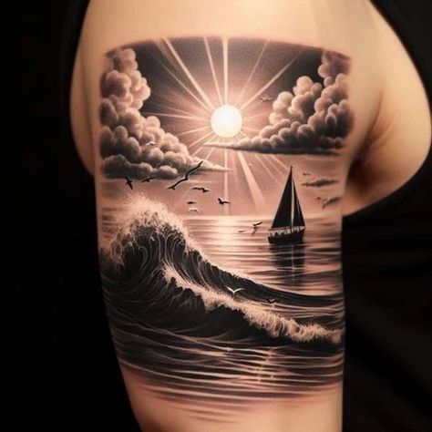 Beach Sand Tattoo, Ocean Fishing Tattoo, Sea Scape Tattoo, Sunset Waves Tattoo, Realistic Clouds Tattoo, Ocean Storm Tattoo, Sunset Over Water Tattoo, Boat Tattoo Men, Oceanside Tattoo