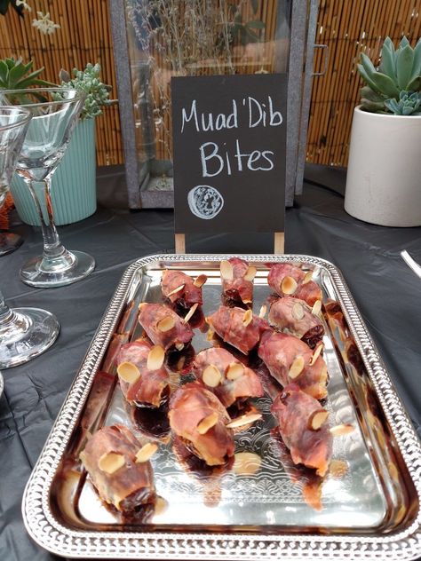 "Muad'Dib" Prosciutto-Wrapped Dune Dates | Dune Dinner Party Dune Themed Food, Cinema Snacks, Dates With Goat Cheese, Cinnamon Chicken, Wrapped Dates, Bene Gesserit, Dream Birthday, Prosciutto Wrapped, Geek Food