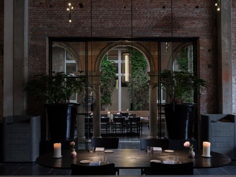 Moody interiors of Le Pristine restaurant take cues from the Old Masters Design Studio Space, Reception Desk Design, Moody Interiors, Space Copenhagen, Dining Room Ceiling, Black Dining Chairs, Cafe House, Architecture Magazines, Virtual Design