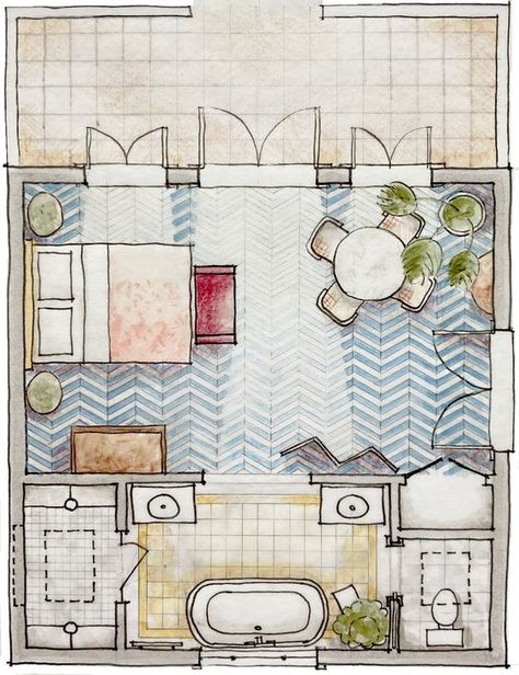 Unlocking the Magic of Design: Hand-Drawn Comfort Zone Hotel Suite Plan, Floor Plan Sketch, Interior Architecture Sketch, Interior Design Sketchbook, Rendered Floor Plan, Interior Floor Plan, Furniture Design Sketches, Facade Material, Drawing Interior