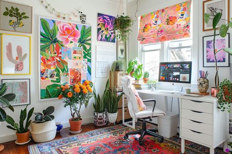 Boho home office ideas infuse creativity and comfort into your workspace with eclectic, global-inspired elements. Mix Boho Office Space Workspaces, Boho Home Office Ideas, Eclectic Office Decor, Creative Workspace Inspiration, Large Wooden Desk, Eclectic Office, Boho Home Office, Hanging Rattan Chair, Mismatched Furniture