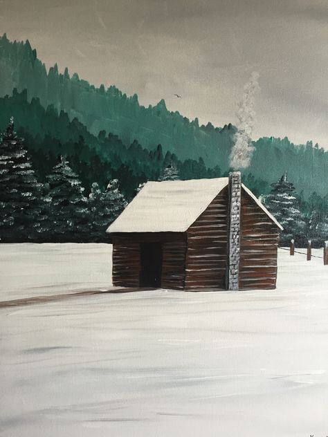 Mt. Cabin Cabin Abstract Painting, Cabin Painting Easy, Snowy Paintings Easy, Cabin In Woods Painting, Cabin Painting, Simple Cabin, Snowy Cabin, Painting Challenge, Record Painting