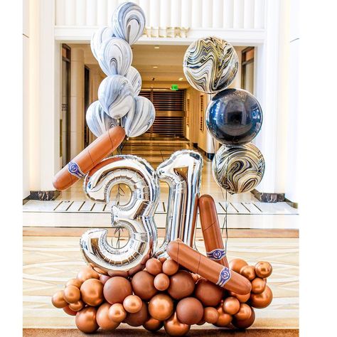 Balloon Stylist & Party Shop on Instagram: “Keeping it classy with this cigar theme balloon structure. 🥃💨” Bourbon And Cigars Party Decorations, Ballon Ideas For Birthday Men, 40th Balloon Ideas For Men, Male Birthday Ideas, Men Party Ideas Decoration, Aged To Perfection Party Theme, Men Birthday Party Ideas Decoration, Ballon Ideas, 50th Birthday Party Themes