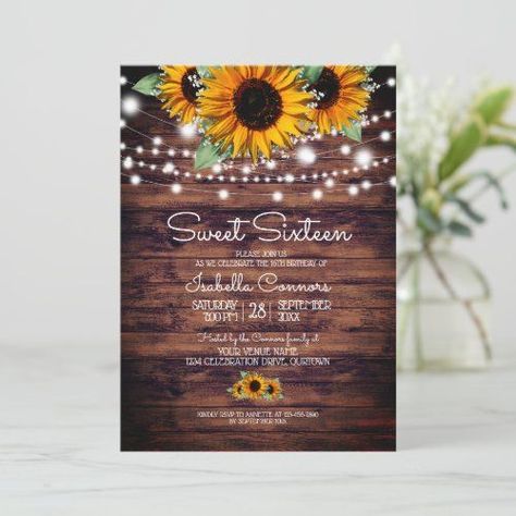 $2.55 | Rustic Sunflowers and Twinkle Lights Sweet 16 Invitation #sweetsixteen #girlsbirthdayparty #rusticcountry #sweet16 #stringlights #wood #modernsweetsixteenparty #watercolorfloral #sunflowers #woodandlights Birthday Sunflower, Sunflower Invitations, 56th Birthday, Lace Invitations, 16th Birthday Invitations, Sweet Sixteen Parties, Sweet 16 Birthday Party, Sweet Sixteen Birthday, Sweet 16 Invitations