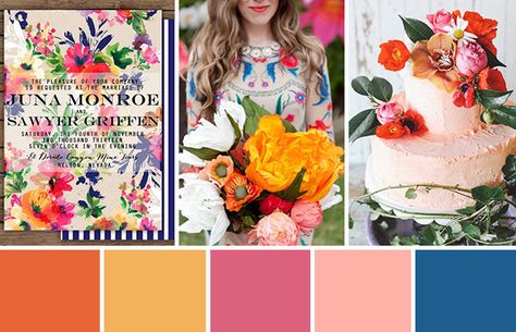 A bright and bold Orange Pink and Blue Wedding Colour Palette mixed with fun eclectic details... Wedding Colors Orange, Pink And Blue Wedding, Bright Wedding Colors, Wedding Color Pallet, Orange Pink Color, Eclectic Wedding, Wedding Colour, Bright Wedding, Wedding Colors Blue