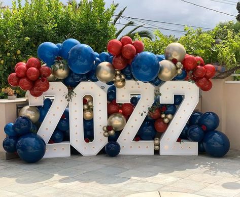 Blue Red Graduation Party, Navy Blue And Red Graduation Party Ideas, 2023 Graduation Balloons, Red White And Blue Graduation Decor, Blue And Red Graduation Party Ideas, Red White Blue Graduation Party Ideas, Red White And Blue Graduation Party, Red And Blue Graduation Party, Graduation Party Balloon Arch