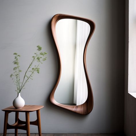 Elegance Inspired by Nature:  Walnut Wood Mirror Frame Would you like to bring a touch of nature's grace into your home and elevate each day with a touch of luxury? Then, this handcrafted mirror frame made from walnut wood might be exactly what you're looking for. Where Natural Beauty Meets Subtle Sophistication This unique mirror frame reflects the distinctive characteristics of carefully selected walnut wood. Each frame is specially designed and handcrafted, drawing inspiration from nature. Th Bent Wood Mirror, Irregular Mirror Wood Frame, Unique Mirror Frame, Mirror Farmhouse, Farmhouse Mirror, Asymmetrical Mirror, Walnut Mirror, Mirror Home Decor, Irregular Mirror