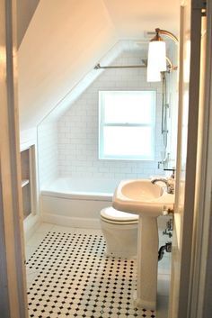 Cape Cod Renovation - hidden storage Attic Bathrooms, Cape Cod Renovation, Attic Bathroom Ideas, Small Attic Bathroom, Makeover Kamar Mandi, Black And White Tile, Attic Renovation Ideas, Finished Attic, Loft Bathroom