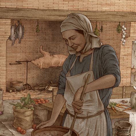 A Medieval Kitchen on Behance Chateau Kitchen, Medieval Kitchen, Mercado Medieval, Medieval Crafts, Medieval Aesthetic, Historical Illustration, Medieval Woman, Medieval Ages, Medieval Life