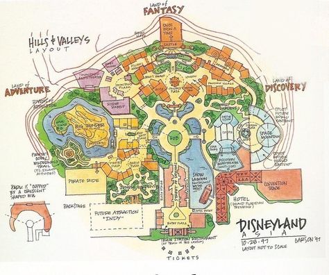 Early concept layout, Hong Kong Disneyland (1997) Amusement Park Plan, Theme Park Planning, Theme Park Map, Disneyland Map, Map Layout, Planet Coaster, Disney Imagineering, Desain Lanskap, Park Landscape