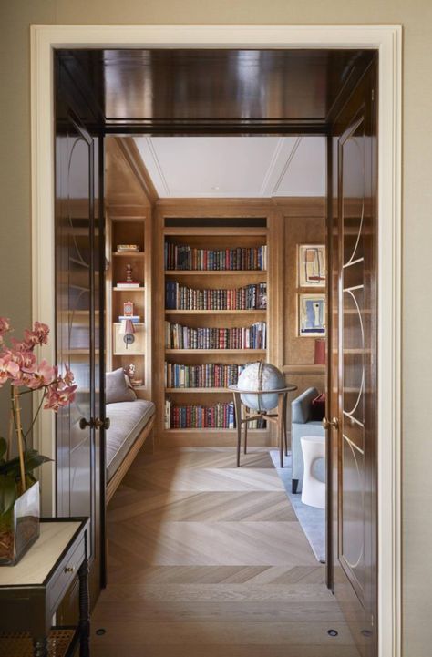 Globe Bar Cart, Modern Home Library, Herringbone Hardwood Floors, Globe Bar, Upper East Side Apartment, British Interior, Manhattan Apartment, Mid Century Modern Home, Home Libraries