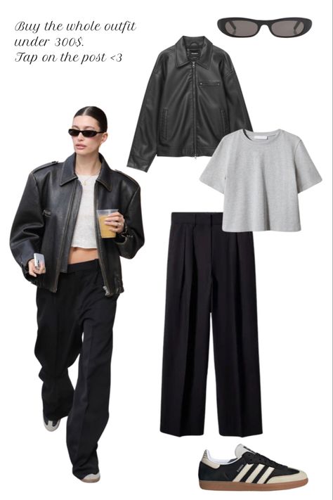 Outfit inspired by Hailey Bieber street wear when she’s wearing a biker jacket black trousers square sunglasses by saint laurent and a grey t shirt and samba sneakers black and beige Hailey Bieber Recent Outfits, Heylie Bieber Style, Hailey Bieber Style Street 2024, Hailey Bieber Outfits 2024, Hailey Bieber Outfits Summer, Hailey Bieber Outfits Street Style, Hailey Bieber Blazer, Hailey Bieber Style Street, Hailey Outfits