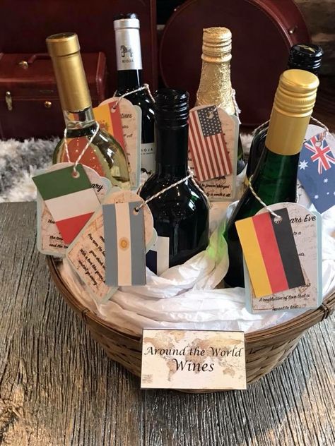 Around the world wine gift basket Wine Tasting Gift Basket, Auction Basket Themes, Theme Baskets, Auction Basket, Raffle Basket, Holiday Baskets, Raffle Baskets, Birthday Basket, Water Bottle Gift