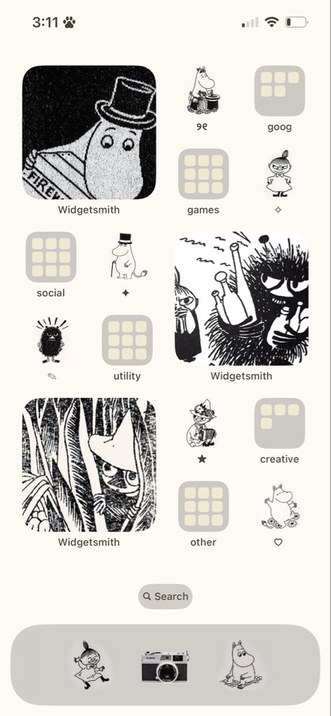 Moomin Phone Theme, Moomin Homescreen, Moomin Background, Moomin Phone Wallpaper, Moomin Screensaver, Black And White Homescreen, Iphone Ghibli Theme, Studio Ghibli Iphone Layout, Phone Organization