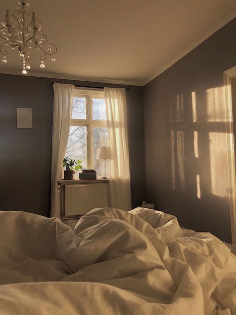 Bedroom In The Morning, Strawberry Cruffins, Bedroom Nighttime, Sun Bedroom, Morning Bedroom, Sunny Bedroom, Lighting References, Morning Bed, Messy Bed