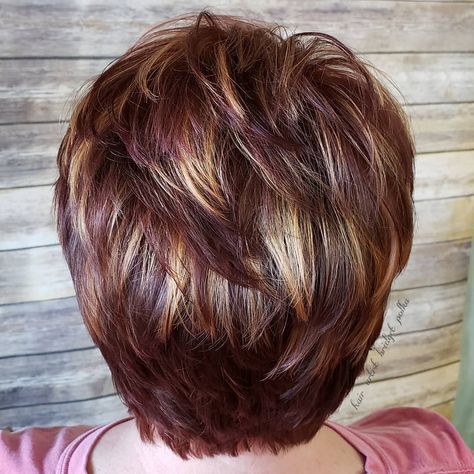 Lowlights And Blonde Highlights, Plum Burgundy Hair, Red Brunette Hair, Brownish Red Hair, Blonde Highlights Short Hair, Brown Hair With Highlights And Lowlights, Red Hair With Blonde Highlights, Copper Blonde Hair, Hair With Blonde Highlights