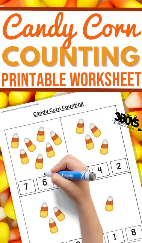 Candy Corn Counting will help your kindergarten and first grade-aged children work on improving their math skills. Halloween counting and candy corn math are so much fun! #halloweenprintables #mathworksheets #earlylearning #3boysandadog Candy Corn Counting, Halloween Unit Study, Candy Corn Math, Homeschooling Worksheets, Candy Math, Halloween Counting, Free Educational Printables, Kindergarten Addition Worksheets, Halloween Books For Kids