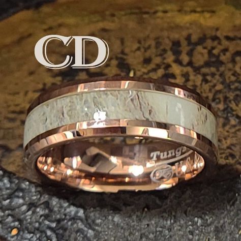 Men's Real Rose Gold Tungsten Wedding Ring With Deer Antler Inlay 14k Gold Coat This Is Real Tungsten Coated In 14k Rose Gold. The Outer Band Has A Deer Antler Inlay. Every Ring Will Be Unique. This Ring Is Heavy And Not Light-Weight Like Some Of The Fake Tungsten Rings Some People Sell. Will Not Tarnish Or Turn Your Finger Green. Available In Sizes - 8mm - 9, 10, 11, 12 Or 13 Includes A Black Ring Box. High Quality And Affordable. Black Ring Box, Rose Gold Tungsten, Tungsten Rings, Tungsten Wedding Rings, Real Rose, Black Ring, A Deer, Deer Antler, Mens Leather Bracelet