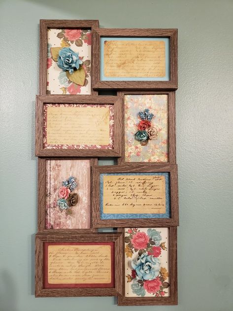 Framed Recipes In Kitchen Hand Written, Old Family Recipes Display, Display Old Recipes Hand Written, Keepsake Display Ideas, Pioneer Woman Wall Decor, Recipe Display Ideas Hand Written, Displaying Vintage Photos, Pioneer Woman Kitchen Ideas Diy, Recipe Keepsake Ideas