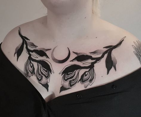 Blackwork Chest Tattoo Woman, Pagan Chest Tattoo Female, Women’s Traditional Chest Tattoo, Collarbone Tattoo Goth, Witchy Chest Tattoo, Goth Chest Piece Tattoo, Collarbone Tattoos, Front Neck Tattoo, 3 Tattoo