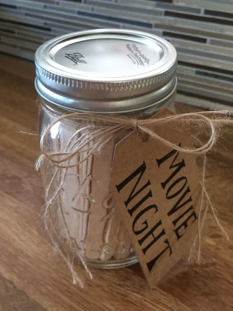 Movie Jar Ideas, Date Jar Ideas Couples Popsicle Sticks, Date Idea Sticks In A Jar, Date Idea Gift Jar, Date Night Idea Jar, Random Date Night Jar, Date Night Jar, Gift Jar, Making A Movie