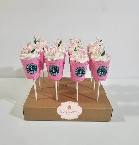 Spa Theme Cake Pops, Pink Drink Cake, Pink Themed Food, Preppy Cookies, Barbie Cake Pops, Starbucks Treats, Starbucks Birthday Party, Starbucks Background, Drink Cake