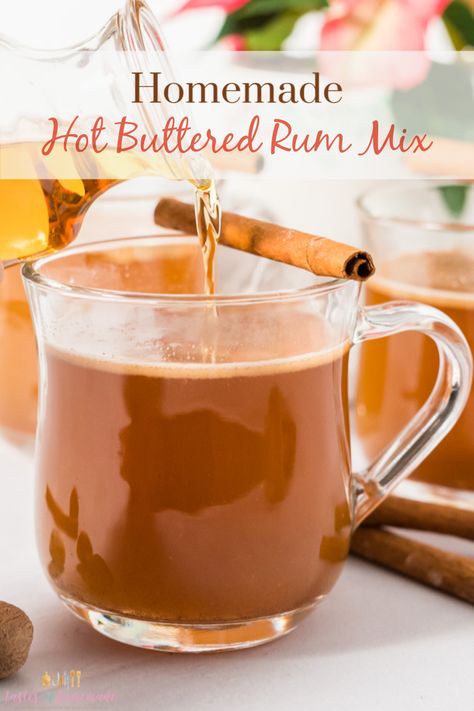 This homemade hot buttered rum mix is quick and easy to make and so much better than store bought. Warm spices are combined with brown sugar, butter and maple syrup for a perfect winter beverage. This recipe is easy to prepare and makes a large batch. Use it a single serving at a time, or make a pot, you get to decide. Perfect for a warm winter drink. No alcohol in the mix, so can also be served without. #homemade #hotbutteredrum #easy #recipe #singleserving #rum #batter Hot Buttered Rum Mix Recipe, Soft Deserts, Hot Buttered Rum Batter, Hot Buttered Rum Mix, Hot Buttered Rum Recipe, Winter Beverages, Warm Winter Drinks, Brown Sugar Butter, Apple Butter Recipe