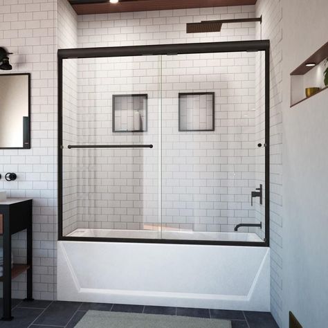 The ETE semi-frameless sliding tub door is made to order and manufactured in the USA. Our ETE has 5/16-in thick tempered glass and provides a luxurious look and feel. The wall jambs allow up to 1/4-in adjustment and can be mounted on any surface. Available in a full range of heights, finishes, and glass options to suit your needs. At Arizona Shower Door, we are just as dedicated to providing you with an exceptional shower enclosure as we are to giving you excellent customer service. With our lim Tahoe House, Black Shower Doors, Deep Tub, Tub Door, Bathroom With Tub, Tub Enclosures, Bathtub Doors, In The Bathtub, Tub Doors