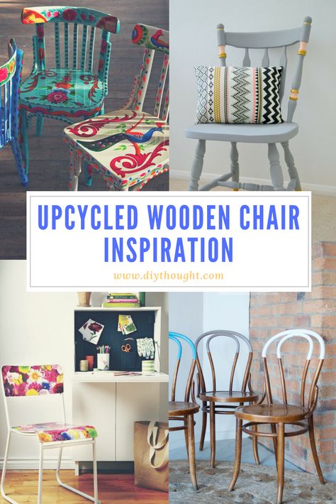 Upcycled wooden chair inspiration- diythought. Tv Stand Upcycle, Wooden Chair Makeover, Old Tv Stand, Chair Sketch, Decoupage Chair, Fun Chair, Painted Wooden Chairs, Refurbished Chairs, Farmhouse Chair