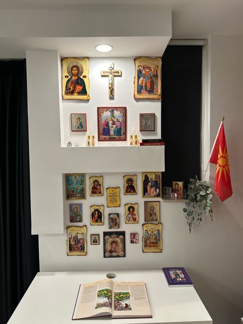 Orthodox Christian Prayer corner #orthodoxy #jesus #Christian #christianity #balkan Prayer Corner Christian, Orthodox Prayer Corner, Praying Corner, Orthodox Aesthetic, Icon Corner, Prayer Room Ideas, Altar Ideas, Orthodox Prayers, Catholic Altar