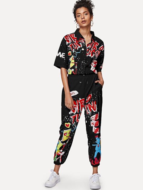 Graffiti Print Shirt Detail Jumpsuit | SHEIN Street Art Clothing, Graffiti Print Fashion, Graffiti Inspired Fashion, Graffiti Artist Outfit, Graffiti Outfit, Graffiti Clothes, Street Art Fashion, Graffiti Clothing, Graffiti Fashion