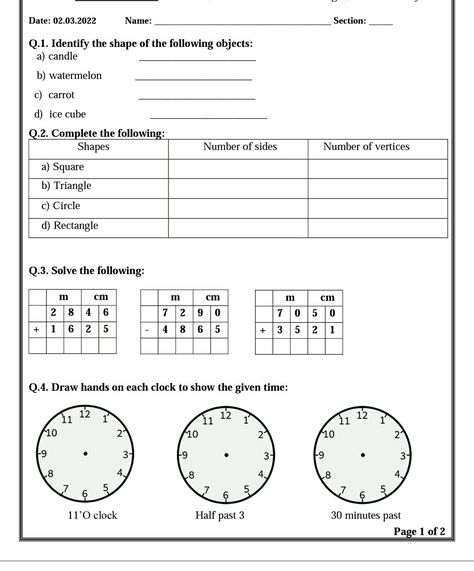 Time, shapes, measurement for grade 2 S Worksheet, Classroom Posters Elementary, Preschool Homework, Easy Math Worksheets, Classroom Behavior Chart, Vedic Maths, Kindergarten Math Worksheets Addition, Maths Worksheet, Mental Maths Worksheets