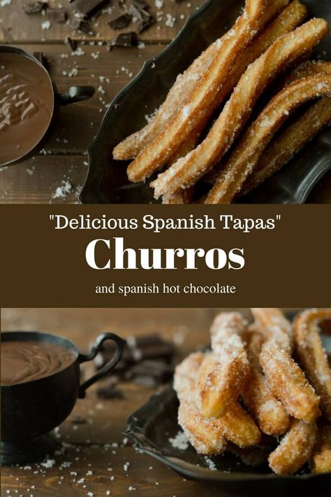 Churros and Spanish Hot Chocolate - light and crispy golden fried dough dipped in a creamy, thick, dark-chocolate sauce. A perfect blend of salty and sweet. Churros And Chocolate, Spanish Hot Chocolate, Spanish Churros, Chocolate Dipping Sauce, Spain Food, Spanish Tapas, Gourmet Desserts, Fried Dough, Tasting Party