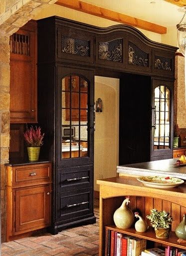 . Panel Front Refrigerator, Refrigerator Armoire, Kitchen Door Design, Kitchen Armoire, Built In Fridge, Kitchen Door Designs, Mirrored Cabinets, Mirrored Cabinet, Mirrored Doors