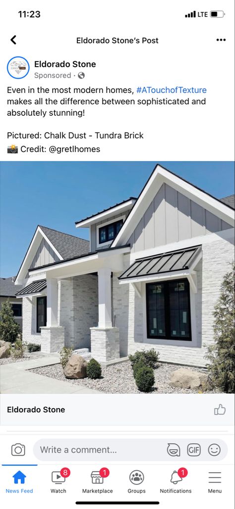 Exterior House Colors With Light Grey Roof, White Brick White Siding Exterior, Light Grey Brick House Exterior, White House With Stone Accents, Light Grey Farmhouse Exterior, 2 Story Exterior, Light Grey Exterior House Colors, Gray Brick House Exterior, Grey Brick House Exterior