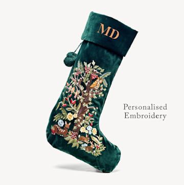 Embroidery On Velvet, Baby Christmas Stocking, Embroidered Christmas Stocking, Traditional Christmas Stockings, Harrods Christmas, Unique Christmas Stockings, Embroidered Stockings, Decorated Stockings, Baby Stocking