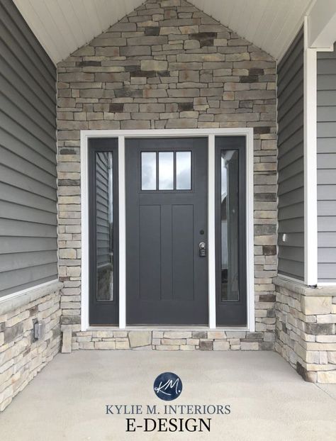 The 6 Top Front Door Paint Colors (That Even Your HOA Will Love) - Kylie M Interiors Blue Siding With Stone, Navy Blue Siding, Grey Stone House, Stone Front House, Grey Front Door, Front Door Paint, Grey Front Doors, Exterior Door Colors, Blue Siding