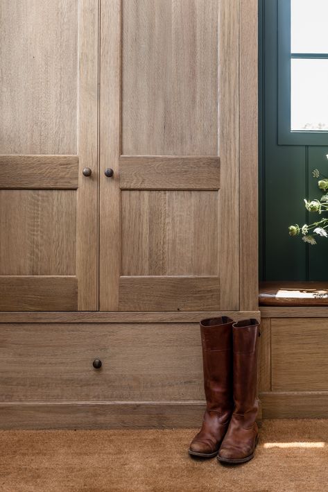 Angela Wheeler Design - Mudroom with white oak built in cabinet, dark green panelled wall   coir matting. Oak Wall Cabinet, White Oak Mudroom Cabinets, Wood Mudroom Cabinets, White Oak Built In, White Oak Mudroom, Dark Green Mudroom, Green Panelled Wall, Oak Built Ins, Oak Mudroom