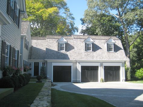 A garage should hold at least three cars (plus motorcycles), and be attached to the house in an L shape... at the least.  Better yet, drive through the house to expose an interior atrium garage. House Facade Renovation, Garage Addition Ideas, Facade Renovation, Shed House Plans, Garage Guest House, Garage Door Types, Garage Addition, Run In Shed, Garage Renovation