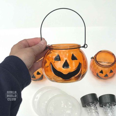 Halloween Pumpkin Solar Light Decor- Dollar Store DIY - Girls Build Club Solar Pumpkin Lantern, Diy Halloween Solar Lights, Pumpkin Solar Lights Diy, Dollar Tree Solar Lights Diy Projects, Halloween Solar Lights, Diy Resin Coasters, Halloween Luminaries, Pumpkin Tea Lights, Halloween Pumpkin Diy