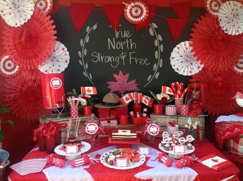 O Canada! party by CatchMyParty.com - Like the red and white paper rosettes! Event Planning Board, Canadian Decor, Canada Decor, Canadian Party, Canada Party, Canada Birthday, Canada Day Party, Bbq Party Food, Cheap Party Decorations