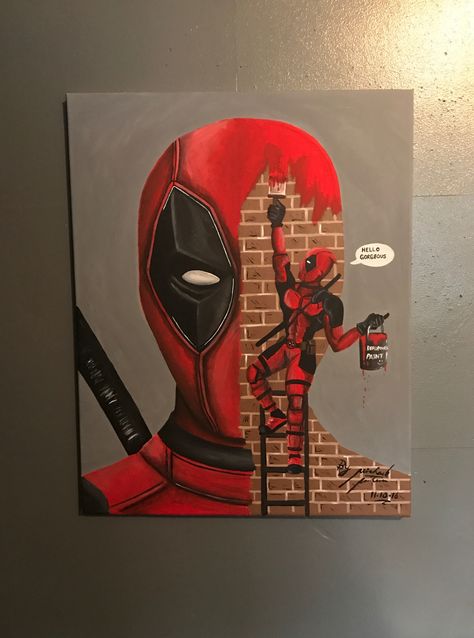 Deadpool half face canvas Avengers Canvas Art, Half And Half Canvas Painting Ideas, Half Face Painting Canvas, Half And Half Painting Ideas, Easy Painting Ideas On Canvas For Men, Marvel Paintings On Canvas, Painting Ideas On Canvas For Men, Deadpool Canvas Painting, Marvel Canvas Painting