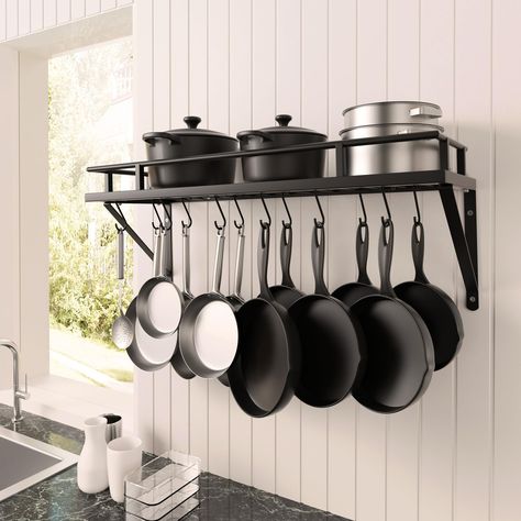 Wall Shelf With Hooks, Pot And Pans Organization, Kitchen Pans, Kitchen Storage Hacks, Pot Rack Hanging, Pan Rack, Kitchen Pot, Kitchen Upgrades, Pot Rack