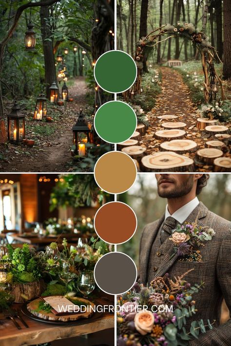 Woodland wedding theme ideas for a rustic, nature-focused ceremony. Wedding Forest Green Color Schemes, Forest Wedding Color Palette, Indoor Forest Wedding, Enchanted Forest Color Palette, Earthy Wedding Theme, Earthy Color Schemes, Camping Themed Wedding, Woodland Fairy Wedding, Earthy Wedding Decorations