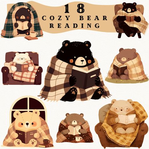 Looking for charming design for a bookworm themed project?  This Cozy Reading Bear clipart set is just the thing to infuse your projects with a warm, cozy vibe! This endearing collection showcases sweet illustrations of book loving bears, perfect for adding a touch of comfort to your designs. Each clipart is meticulously crafted, featuring intricate details like cozy blankets, adorable bears, and delightful brown hues. Whether you're creating invitations, decor for a cozy gathering, or simply sp Bookworm Clipart, Brown Bear Illustration, Sticker Transparent, Bear Clipart, Cartoon Png, Stickers Kawaii, Bear Illustration, Cartoons Png, Kawaii Chibi