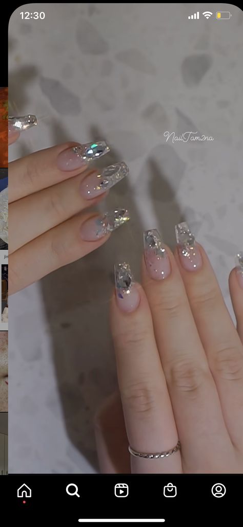 Clear Acrylic Nails Asian, Korean Sparkle Nails, Korean Jelly Nails With Gems, Douyin Sparkly Nails, 20 Anniversary, Anniversary Nails, Nails Gel, Beauty Must Haves, Glitter Nails